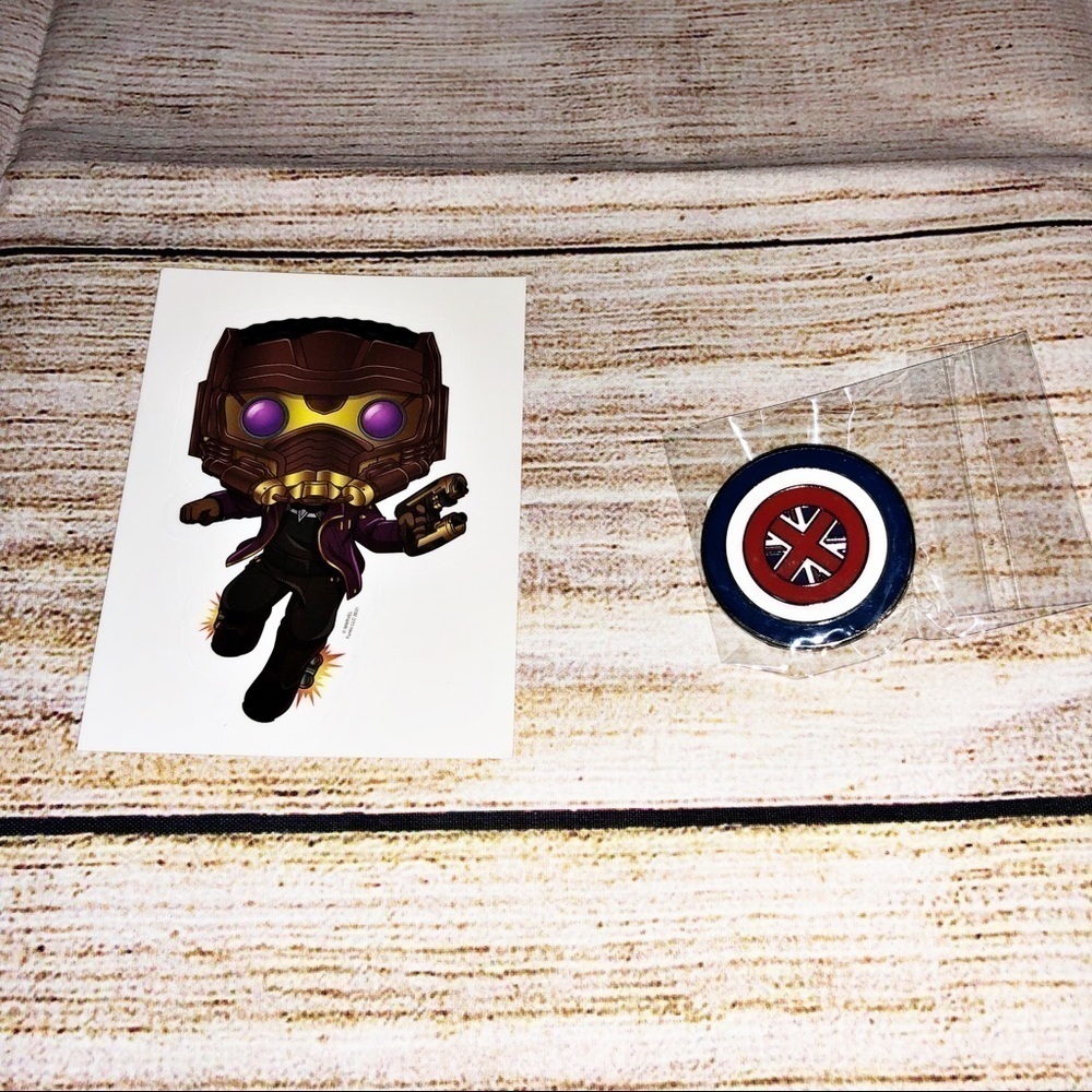 Funko Marvel Collector Corps What If..? Captain Carter Pin and Star-Lord Sticker